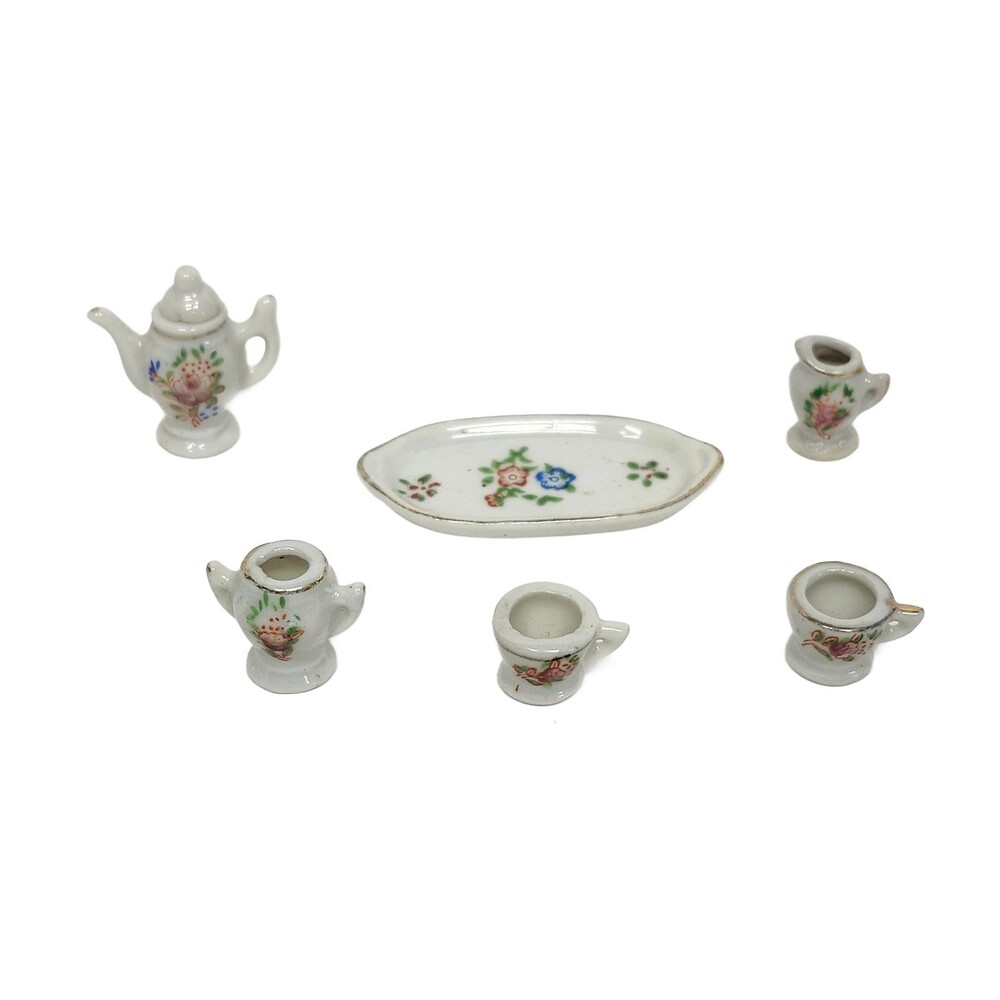 Vintage Dollhouse Miniature Tea Set Porcelain Floral Design 6 Pc Made in Japan